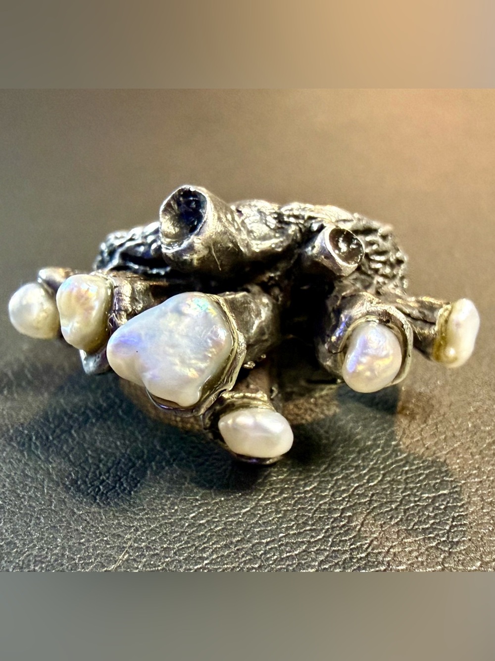 vtg Brutalist Baroque Pearl Ring